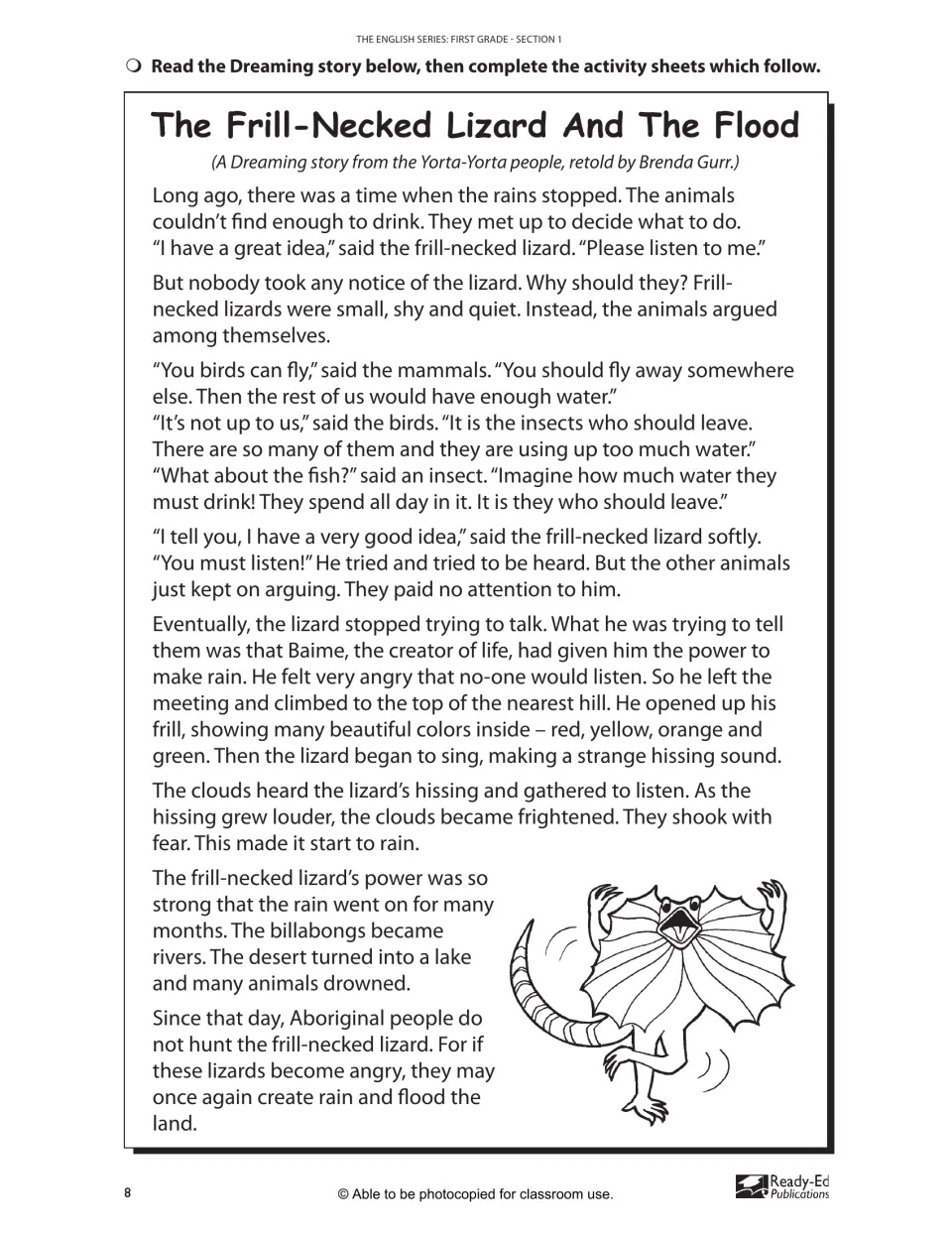 The Frill-Necked Lizard And The Flood: a Dreaming story to read about a quiet lizard who brings a flood when ignored
