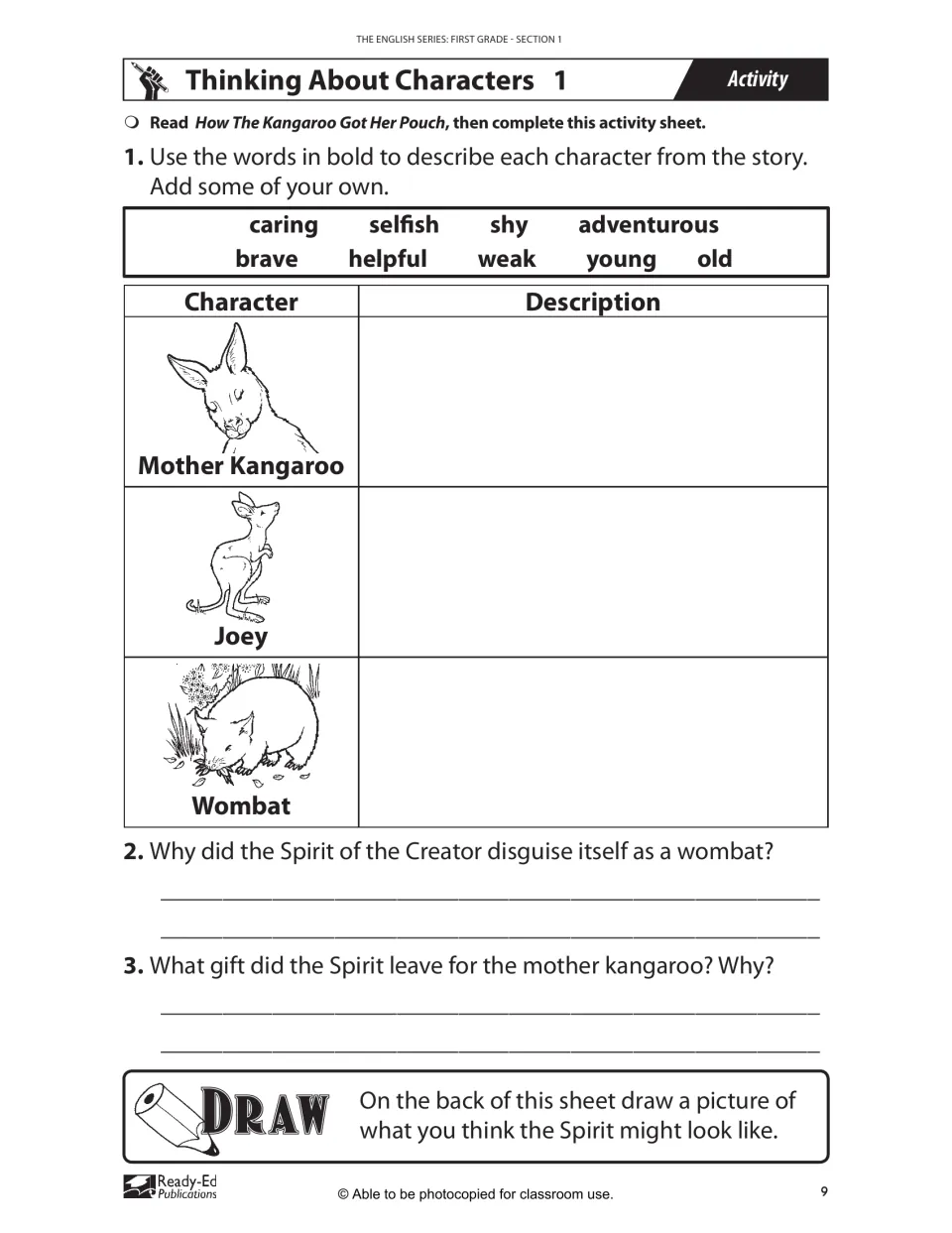 Thinking About Characters 1: students describe Mother Kangaroo, Joey and Wombat using a word bank, then answer questions