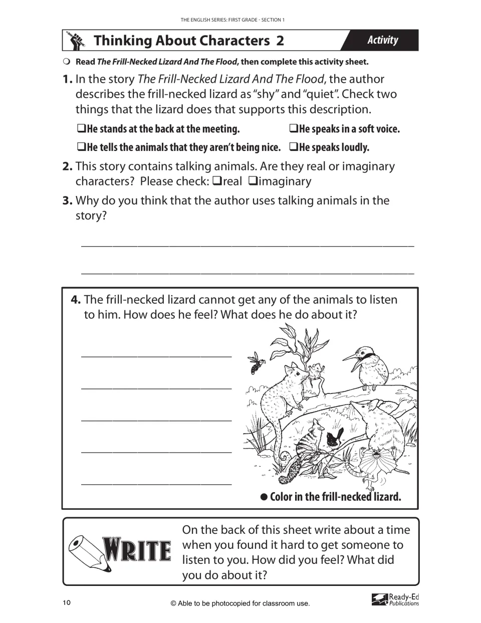 Thinking About Characters 2: students check actions showing the lizard is shy, judge real or imaginary, and color it