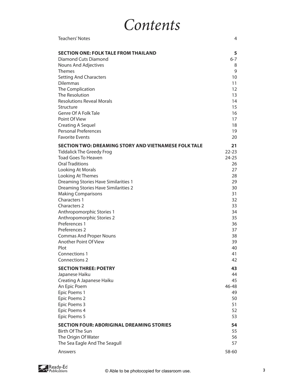 Contents listing four sections: a Thai folk tale, a Dreaming story and Vietnamese folk tale, poetry and Dreaming stories