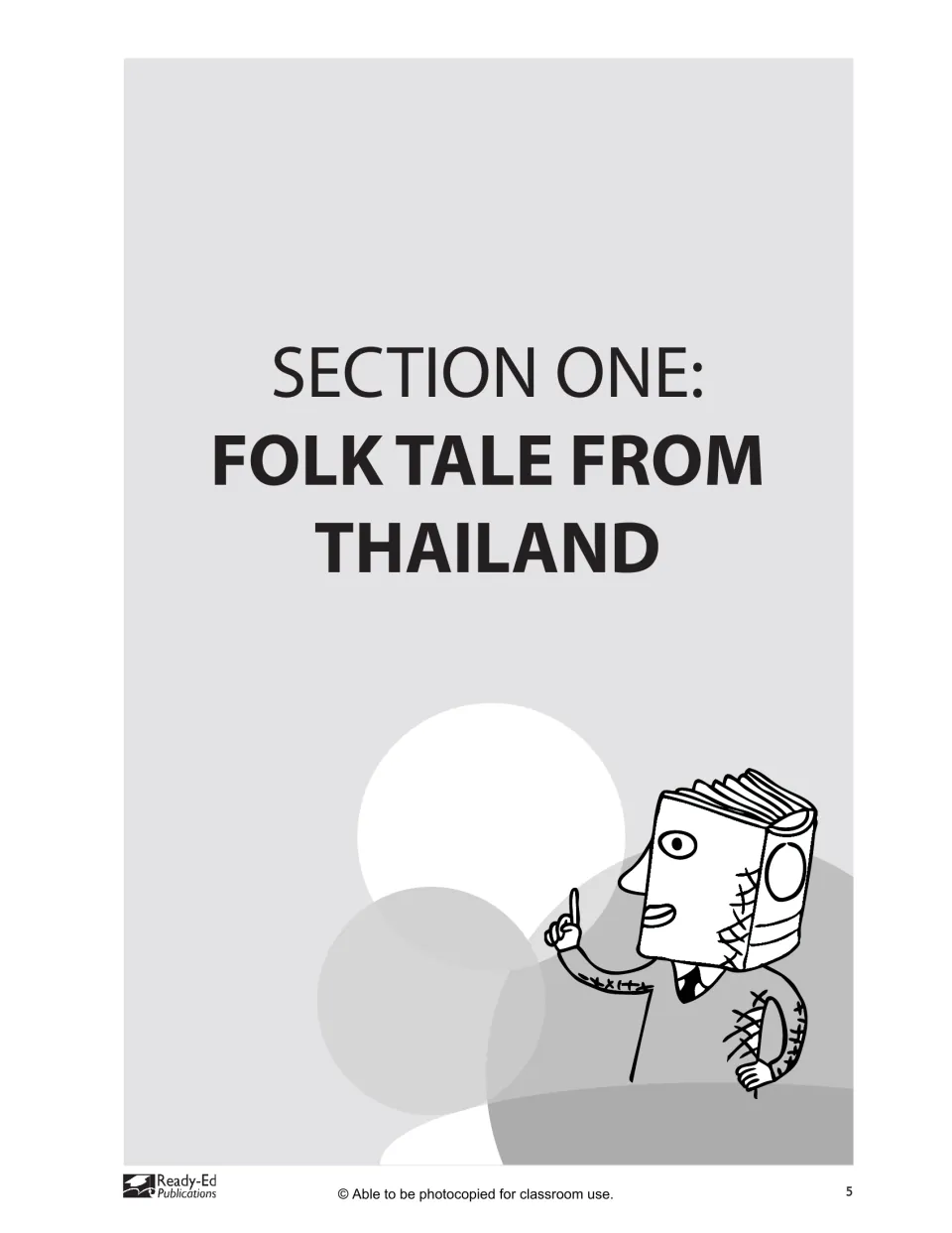 Section One divider titled Folk Tale From Thailand, with a cartoon book-headed character pointing upward