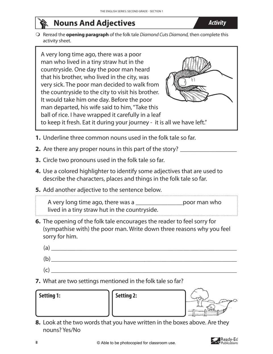 Nouns and adjectives: students underline common nouns, circle pronouns, highlight adjectives and name two story settings