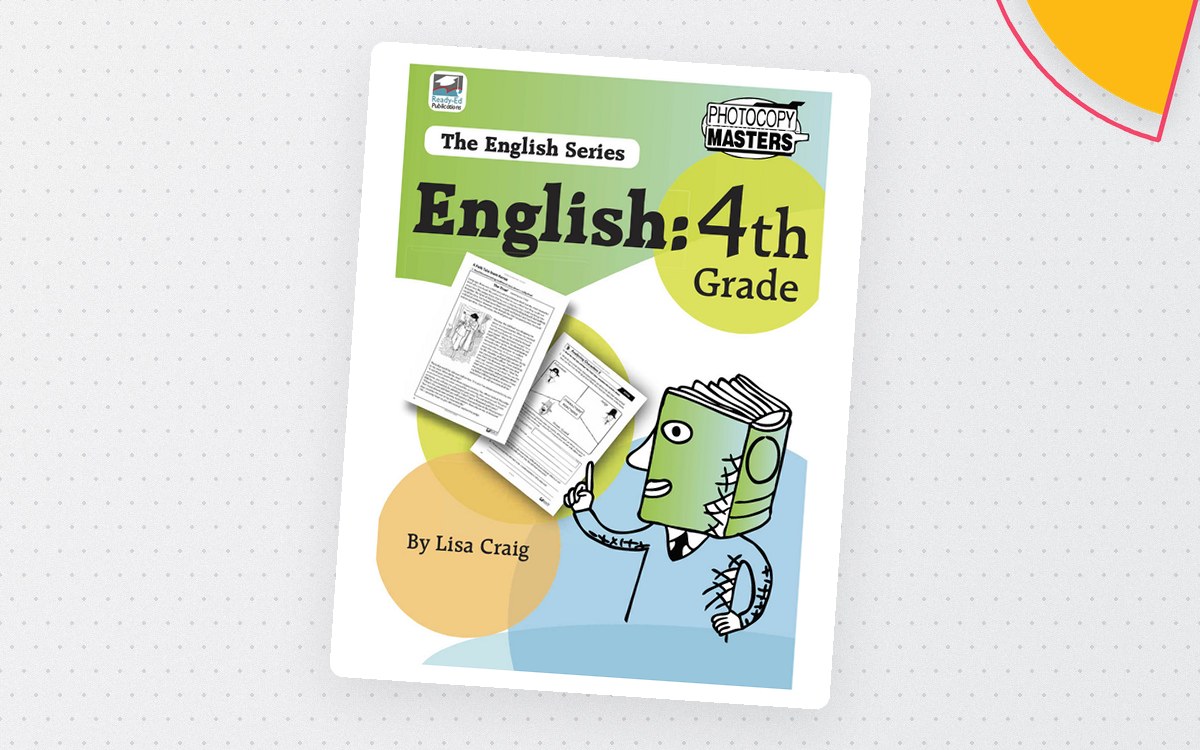 The English Series English 4th Grade workbook cover with cartoon books and worksheet previews.