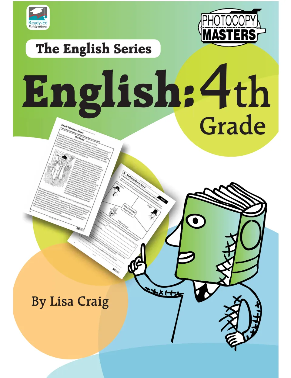 English: 4th Grade cover by Lisa Craig from The English Series, showing sample folk tale and character analysis pages