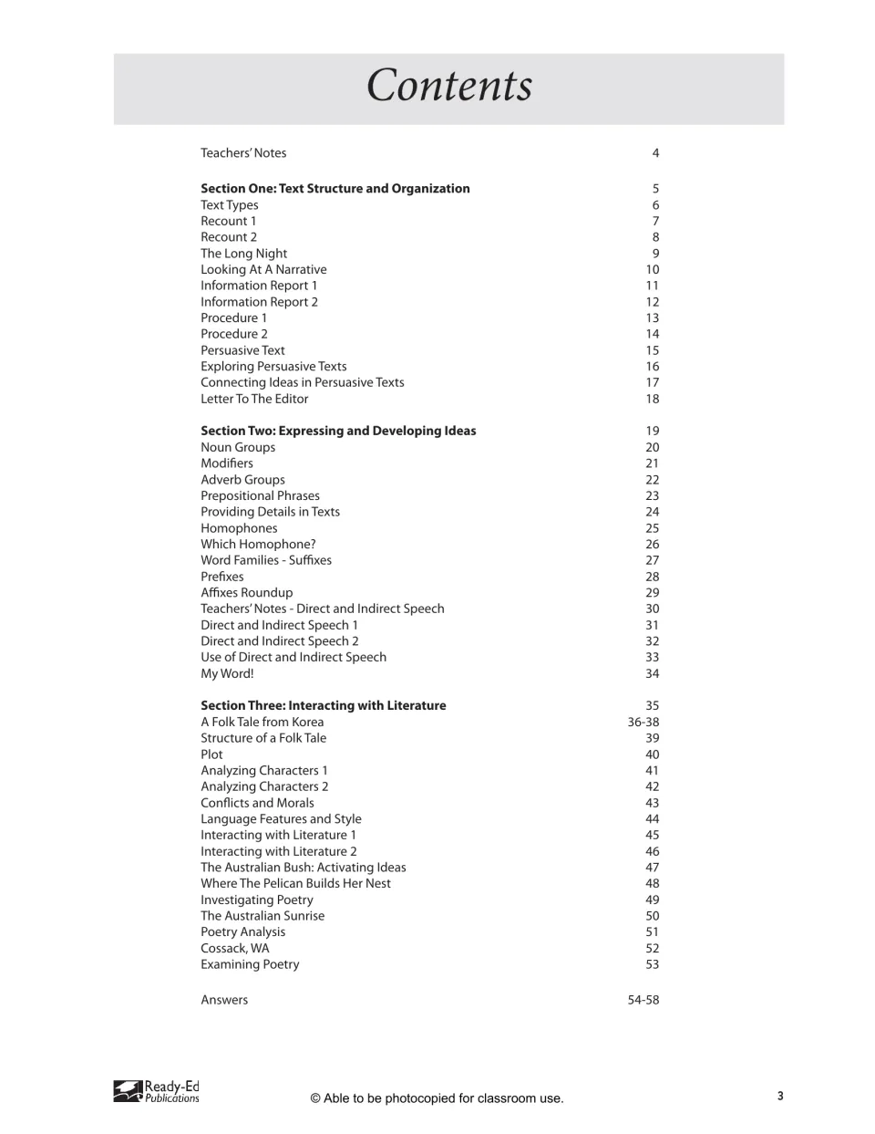 Contents listing three sections: text structure, expressing and developing ideas, and literature and poetry, plus answers