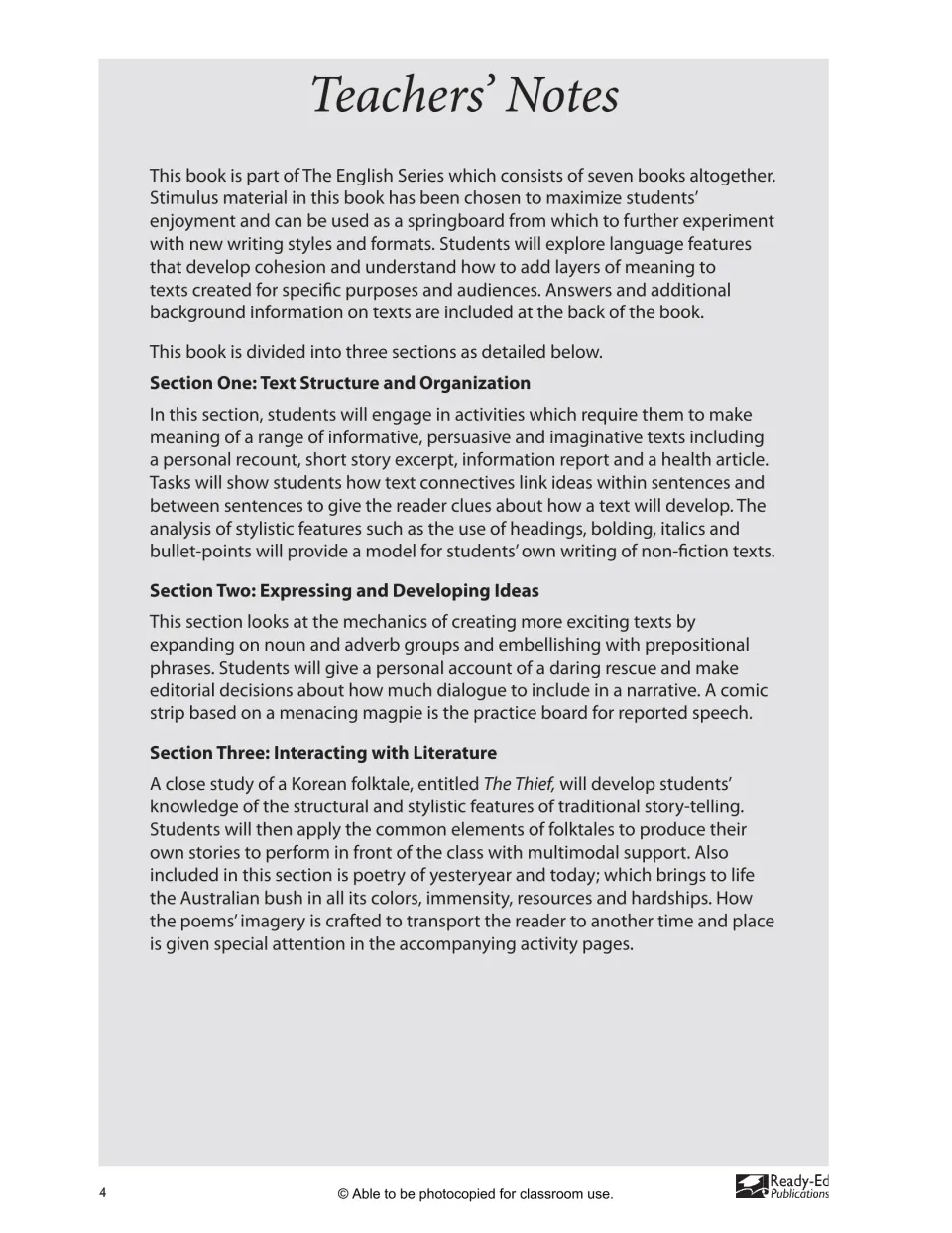 Teachers' notes summarizing the three sections: text types, noun and adverb groups, a Korean folktale and Australian poetry
