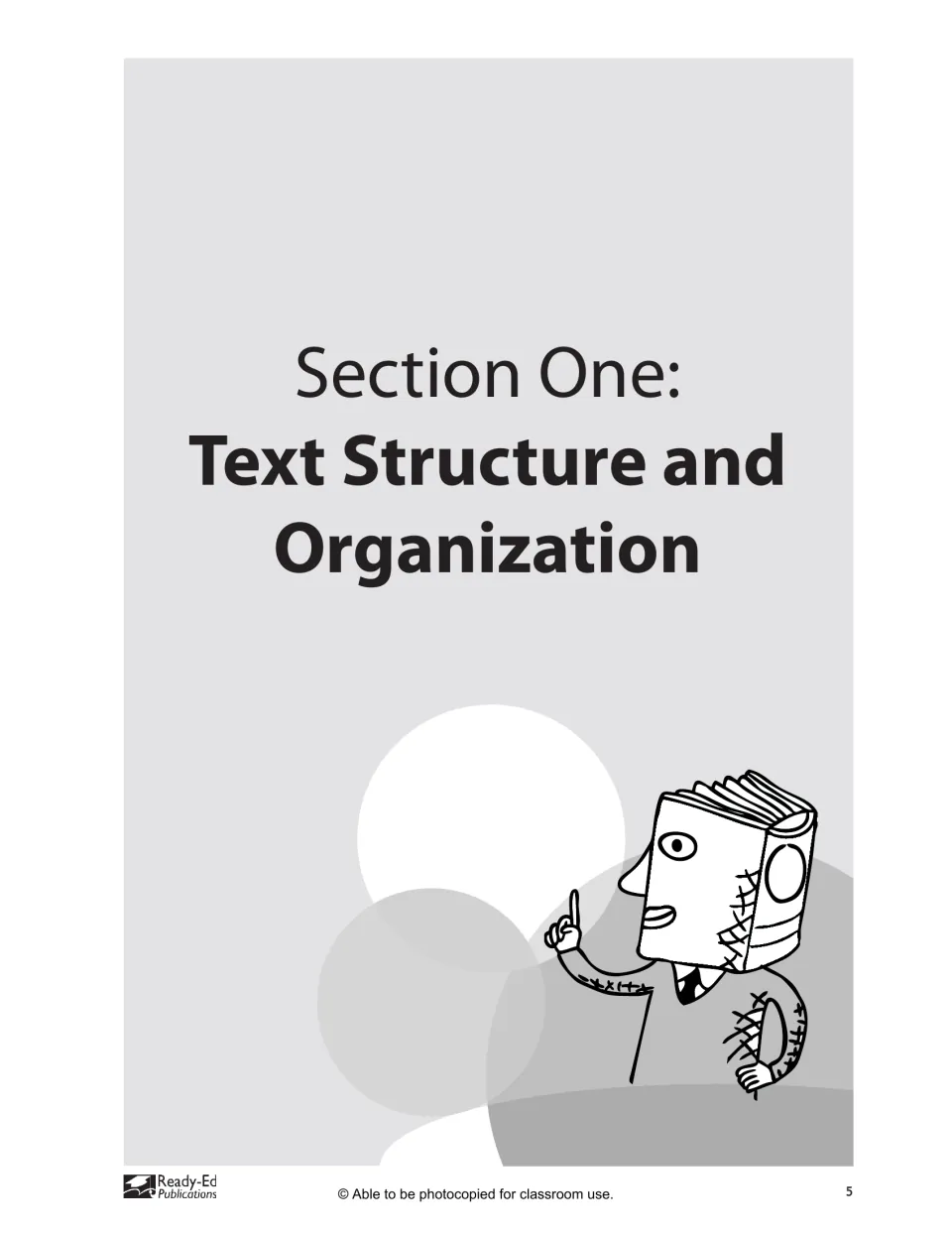 Section One divider titled Text Structure and Organization, with the book-headed cartoon character pointing upward