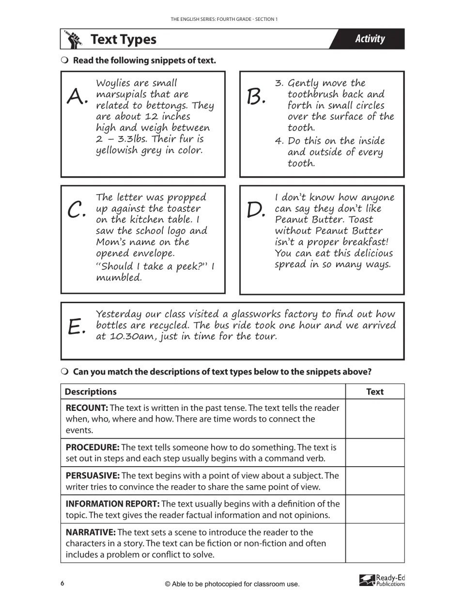 Text types: students read five short snippets and match each to recount, procedure, persuasive, report or narrative