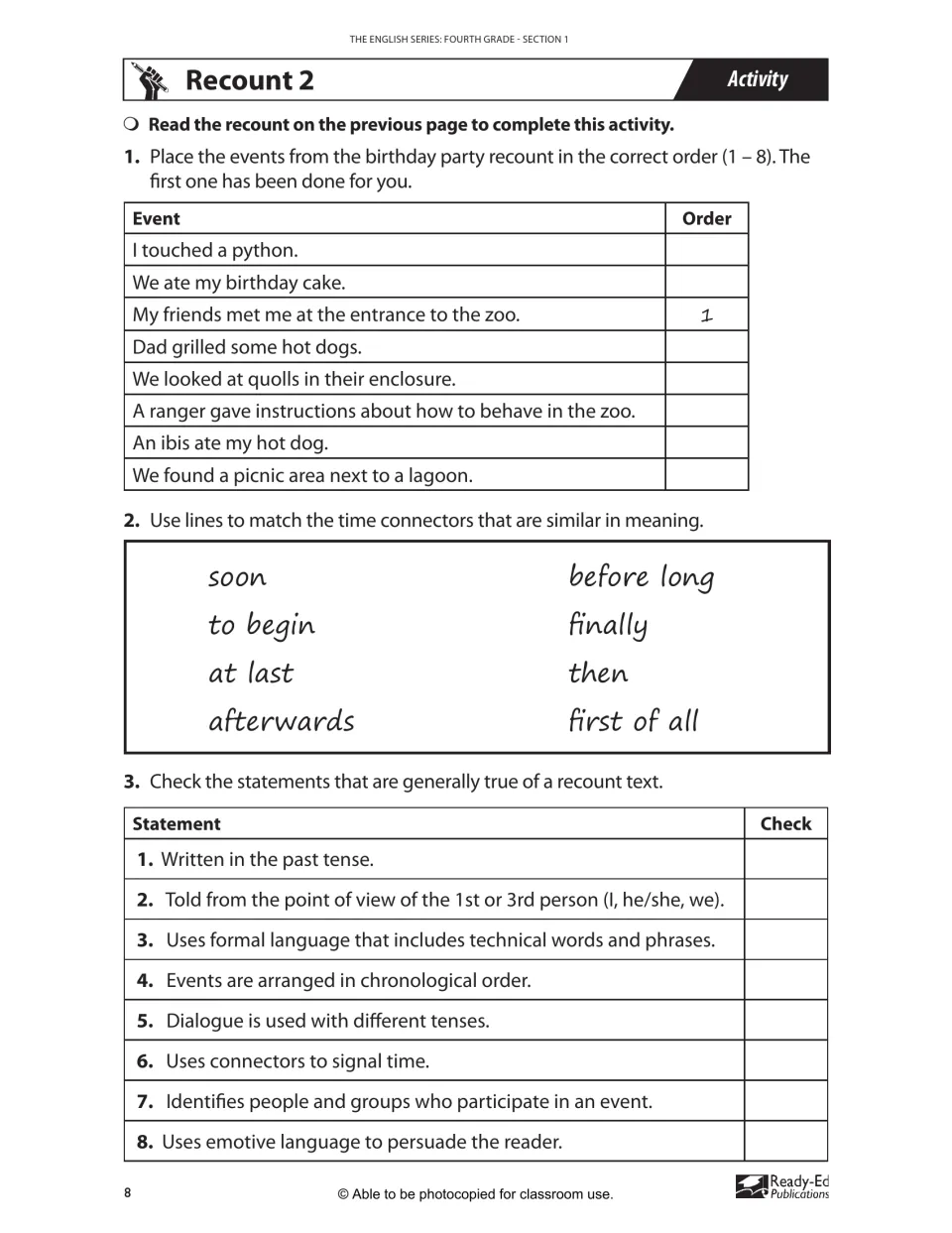 Recount 2: students order eight zoo party events, match similar time connectors and check features of a recount text
