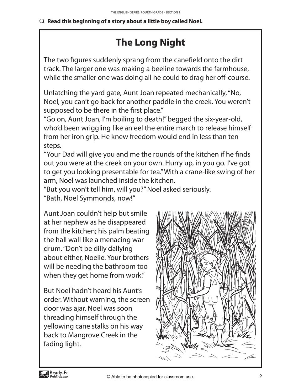 The Long Night: story opening where Aunt Joan hauls six-year-old Noel home from the creek through a sugarcane field