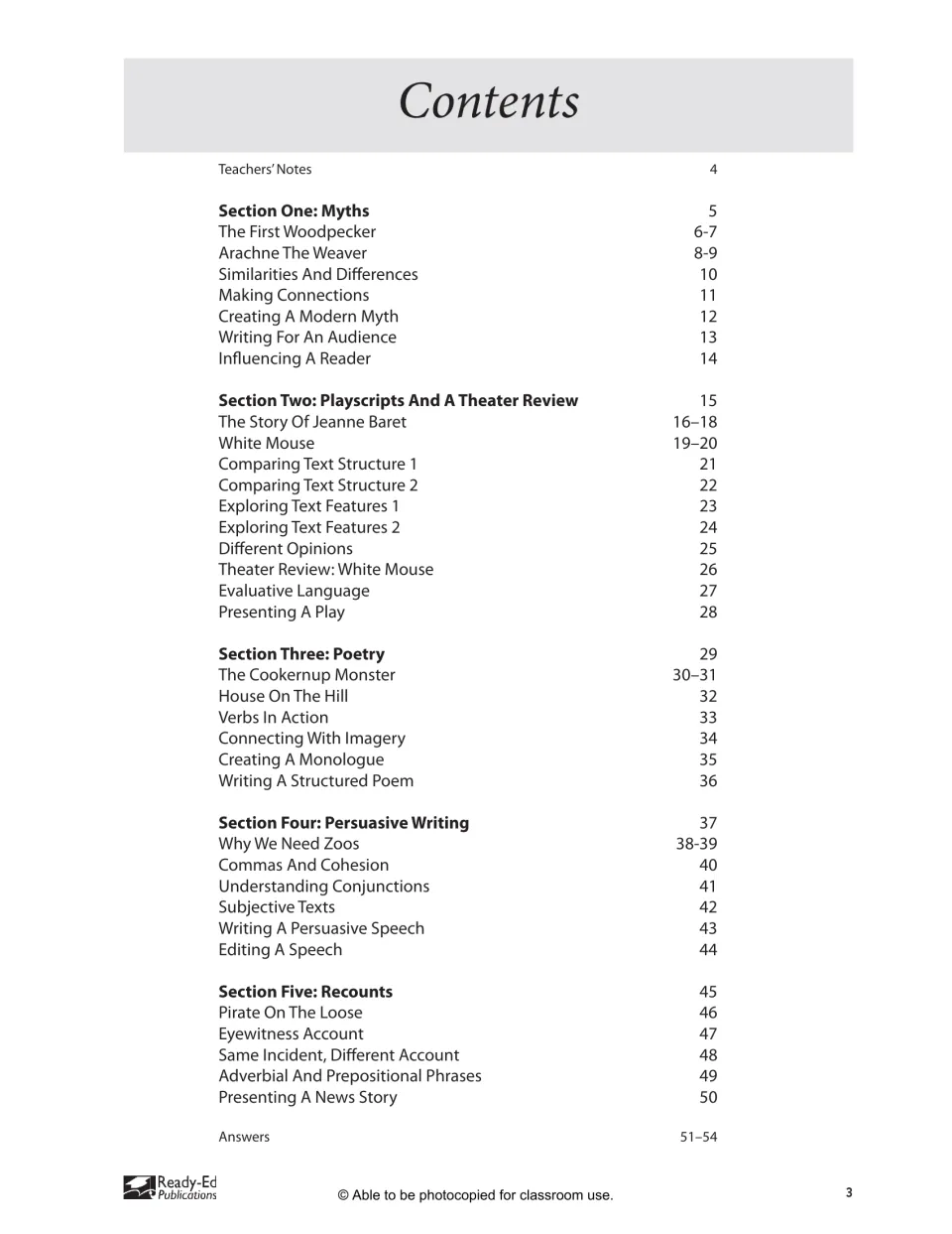 Contents listing five sections: myths, playscripts and a theater review, poetry, persuasive writing and recounts