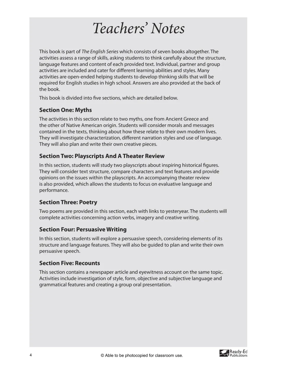 Teachers' notes explaining the five sections and the skills each targets, from myths to a group oral presentation