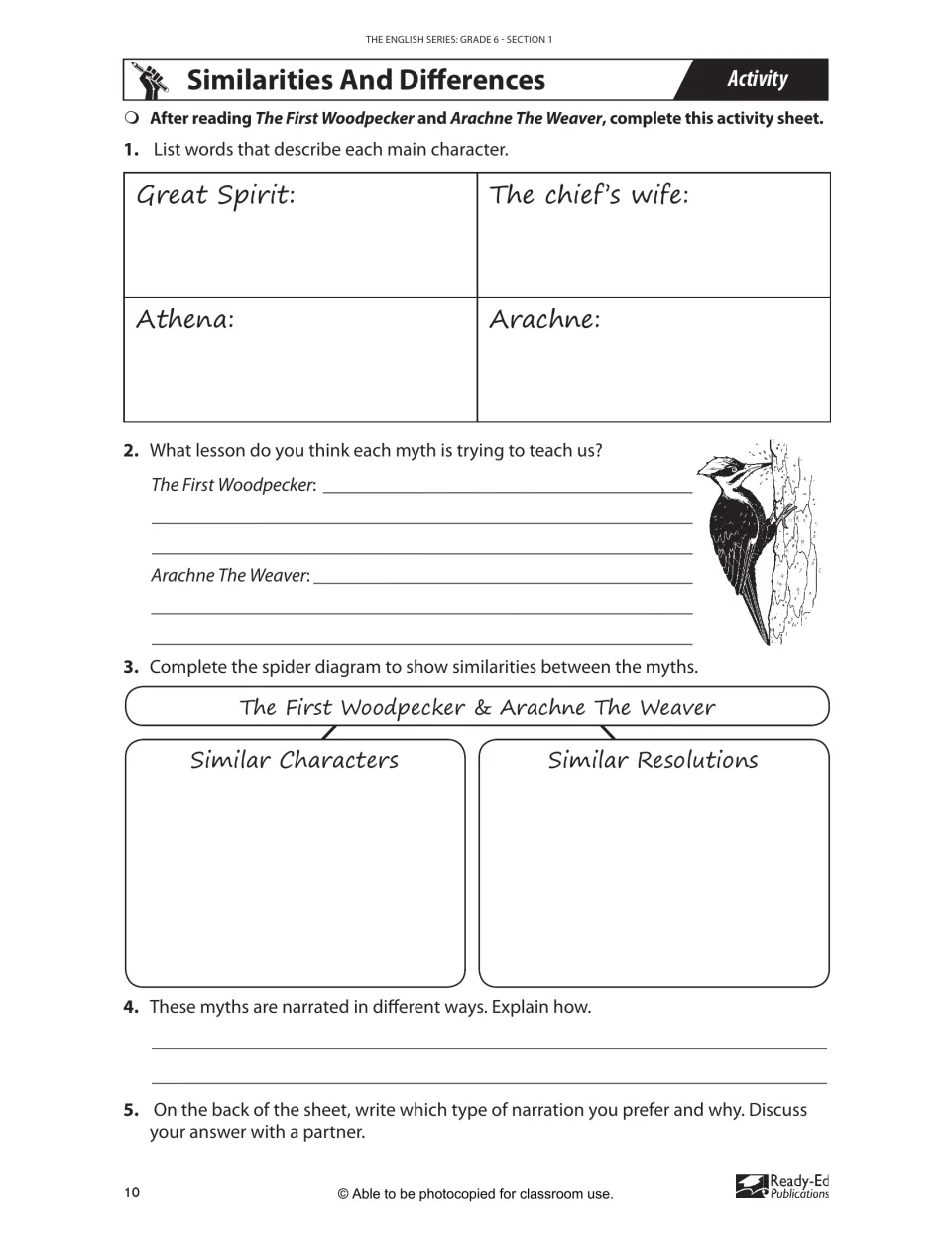 Comparing two myths: students describe four characters, state each lesson, fill a spider diagram and explain narration