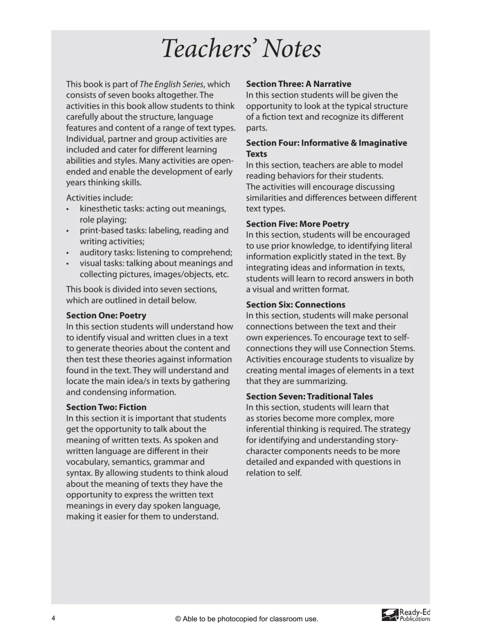 Teachers' notes outlining the seven sections and the kinesthetic, print, auditory and visual tasks the activities include