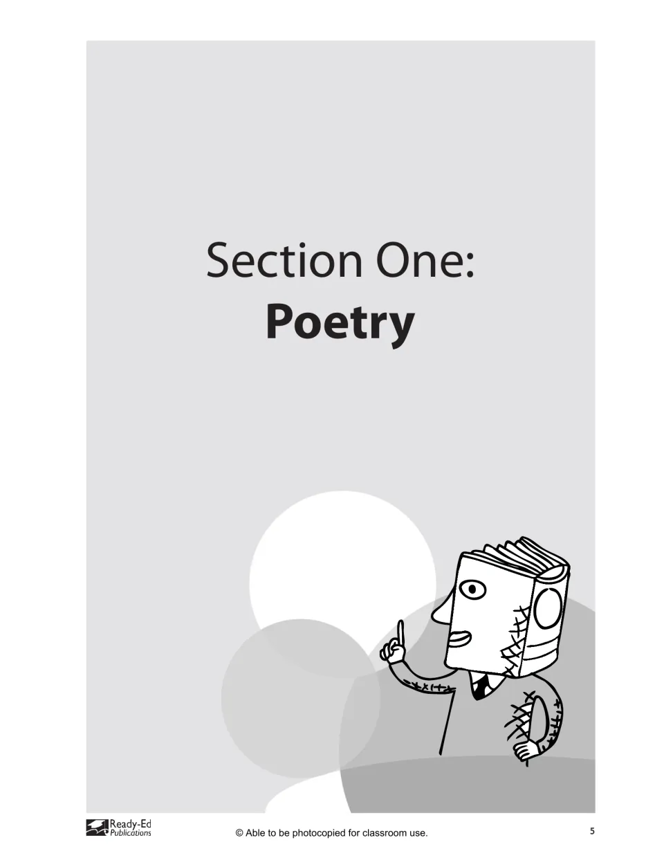 Section One: Poetry divider page showing a cartoon character with a book for a head, pointing a finger upward