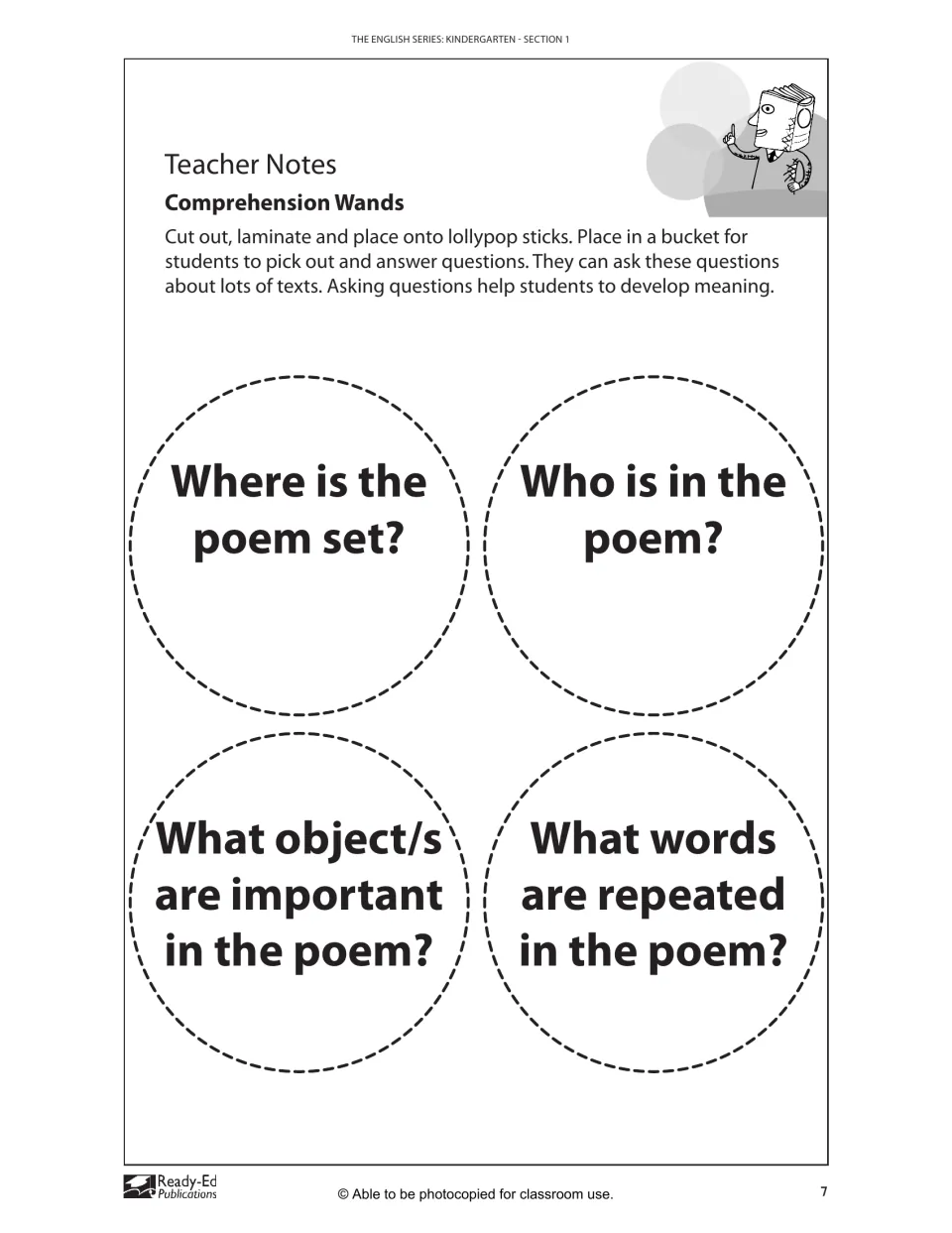 Comprehension Wands: four circles to cut out with poem questions such as Where is the poem set? and Who is in the poem?