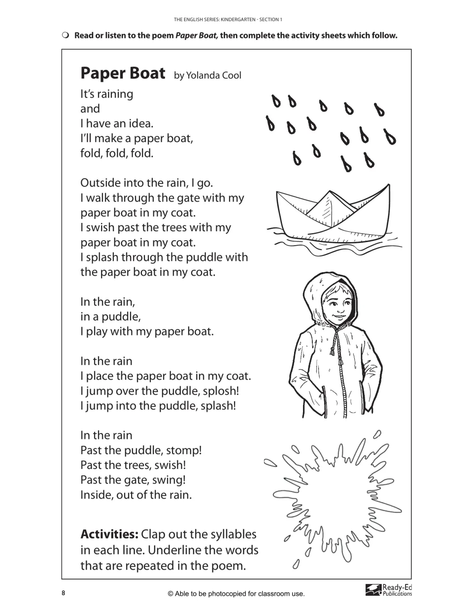 Paper Boat poem about a child playing in rain puddles; students clap syllables in each line and underline repeated words