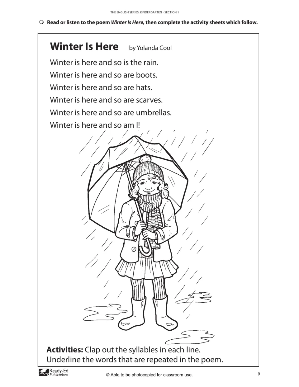 Winter Is Here poem listing rain, boots, hats, scarves and umbrellas; students clap syllables and underline repeated words