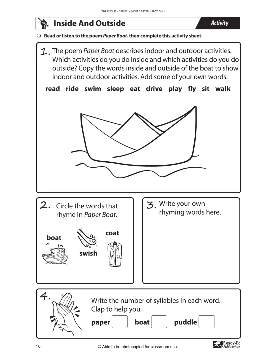 Inside And Outside: sorting indoor and outdoor activity words, circling rhymes boat and coat, clapping syllables