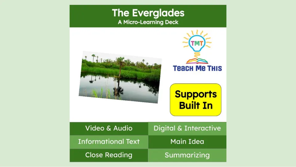 Cover of the Everglades reading deck, listing video, audio, informational text, main idea and summarizing