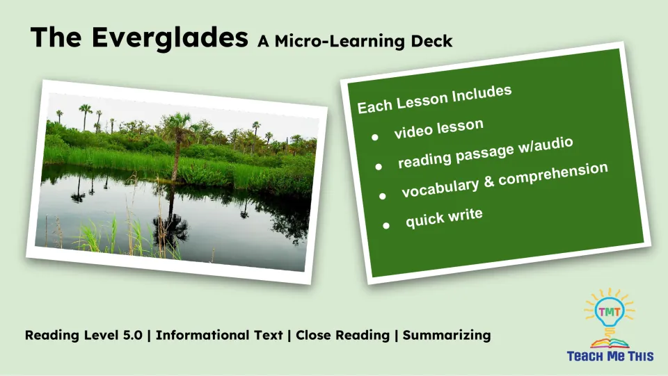 Lesson overview listing a video lesson, reading passage with audio, vocabulary, comprehension and quick write