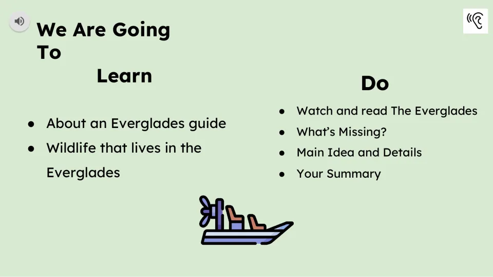 Learning goals about an Everglades guide and wildlife, followed by reading, vocabulary and summary tasks