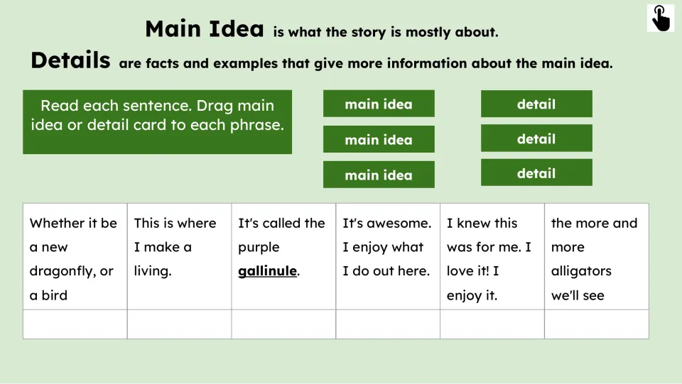 Main idea and detail activity asking students to classify six passage excerpts using draggable labels