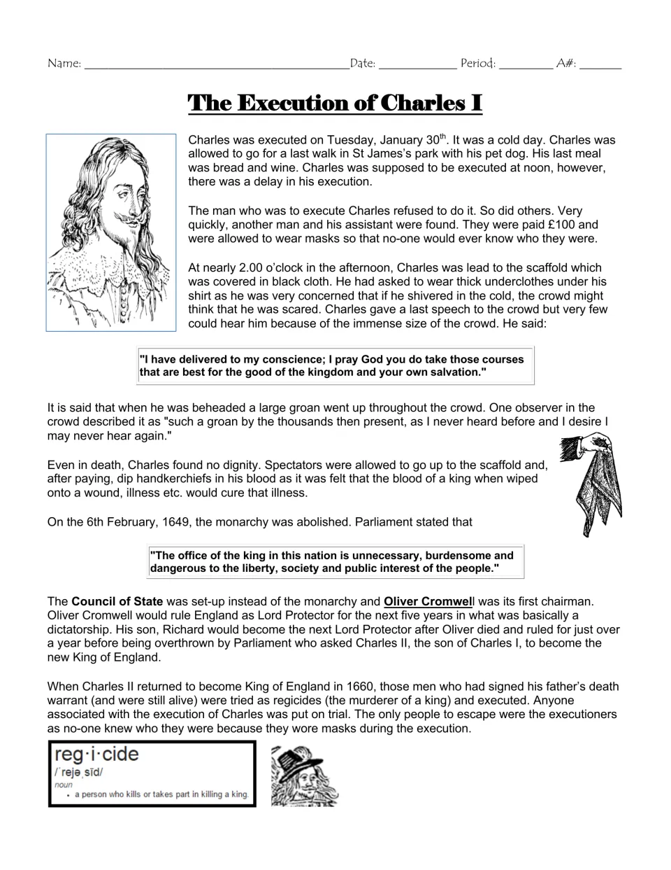 Reading passage about Charles I's execution, the end of the monarchy, Cromwell's rule, and Charles II's return