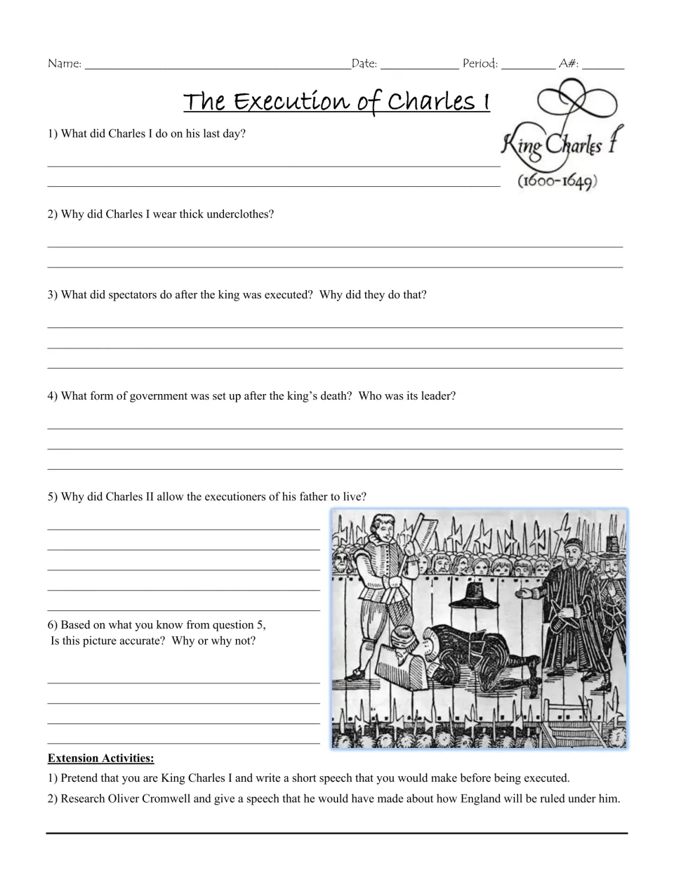 Comprehension follow-up with six questions on Charles I's execution and two speech extension activities