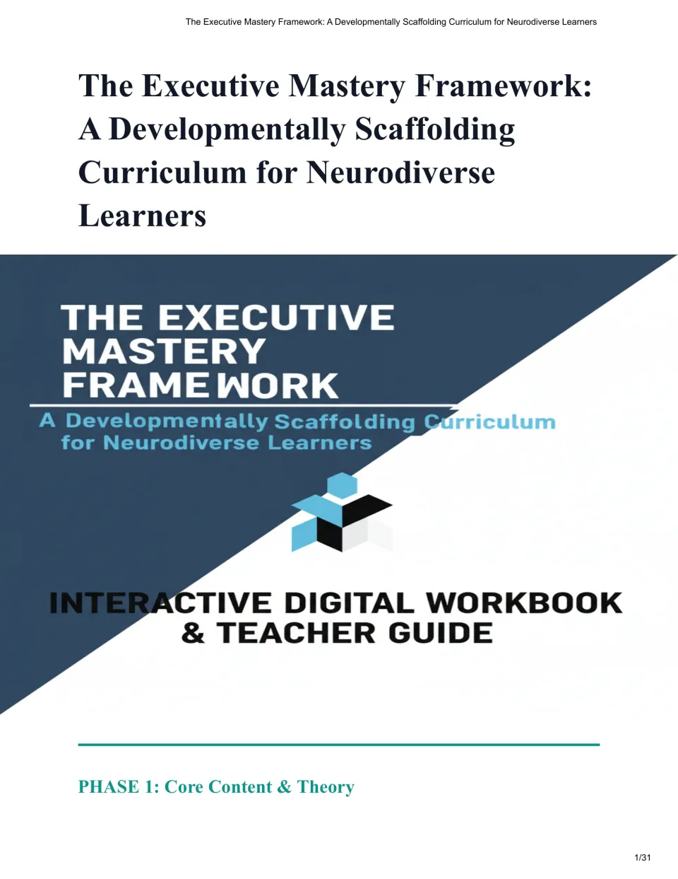 The Executive Mastery Framework cover identifies an interactive digital workbook and teacher guide.