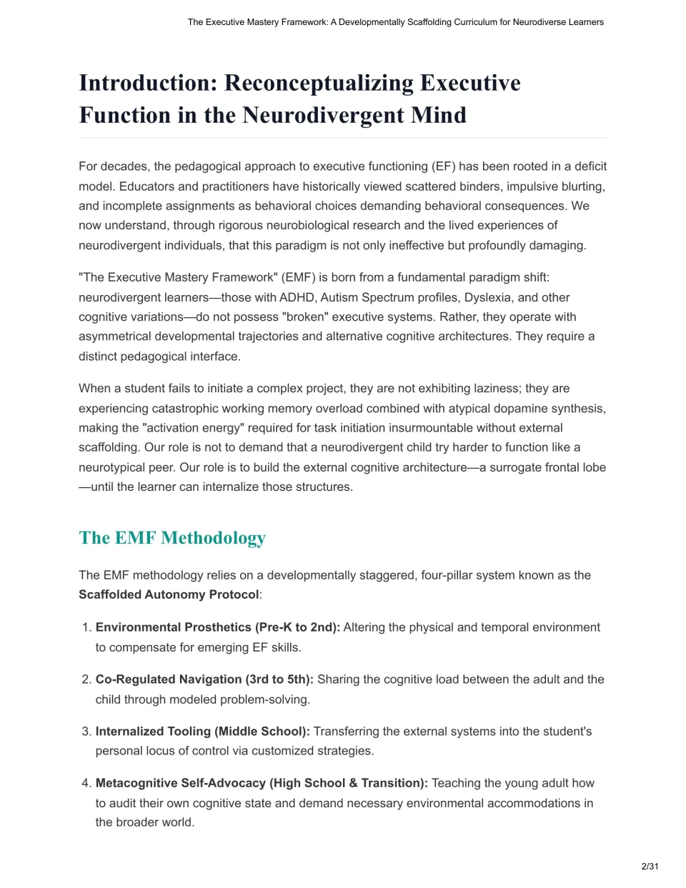 Guide introduction presents four stages of executive function support, from Pre-K through transition.
