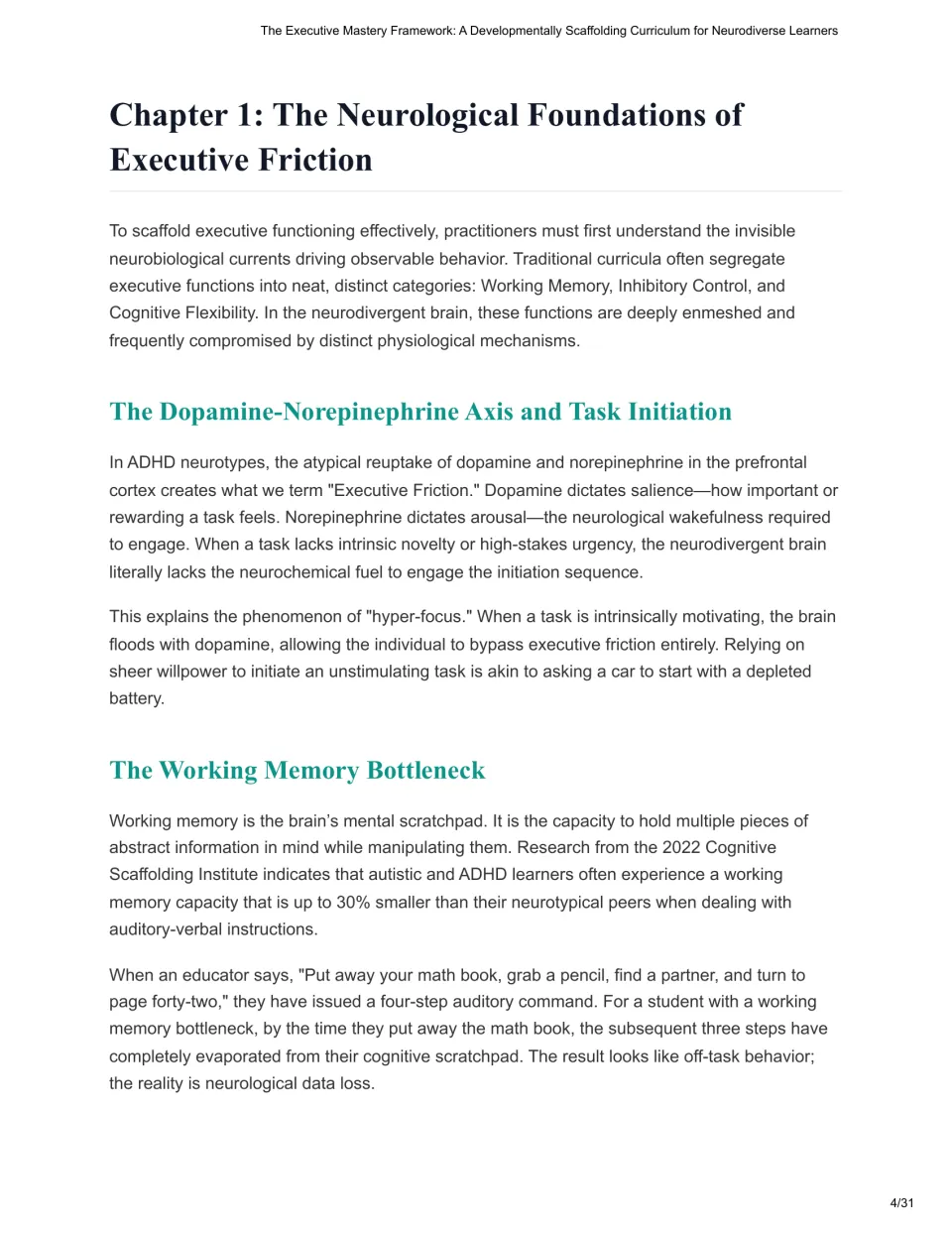 Chapter 1 introduces executive friction, dopamine and norepinephrine, task initiation, and working memory.