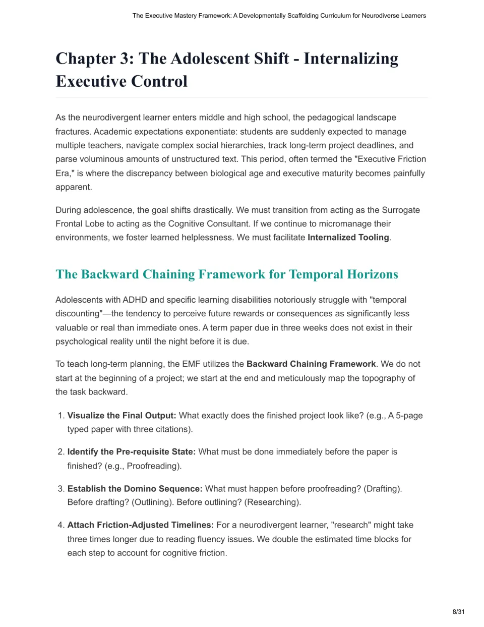 Chapter 3 introduces adolescent executive control and four backward planning steps for long-term projects.