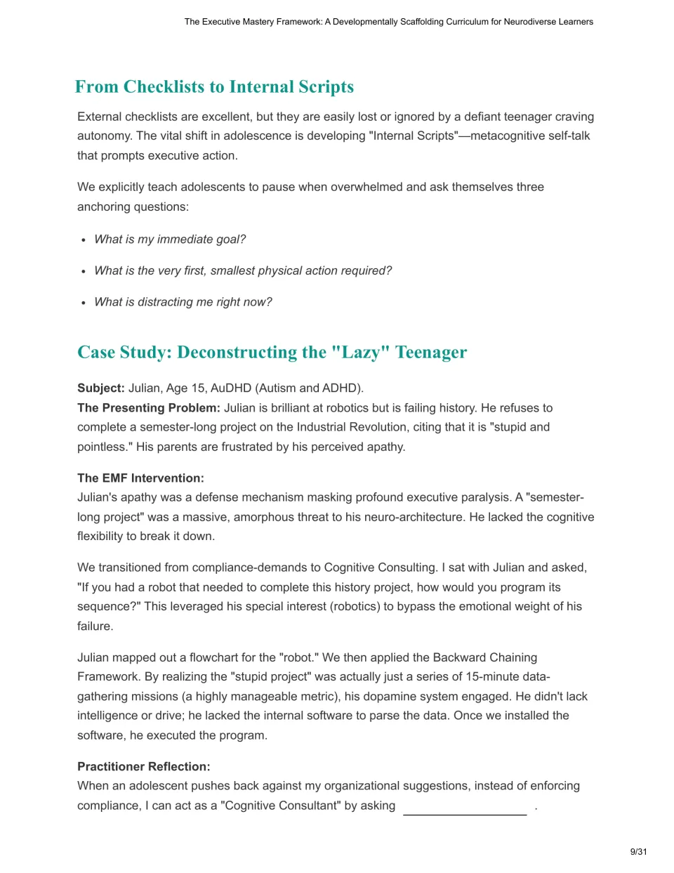 Chapter 3 pairs three self-talk questions with Julian's case study on breaking a history project into tasks.