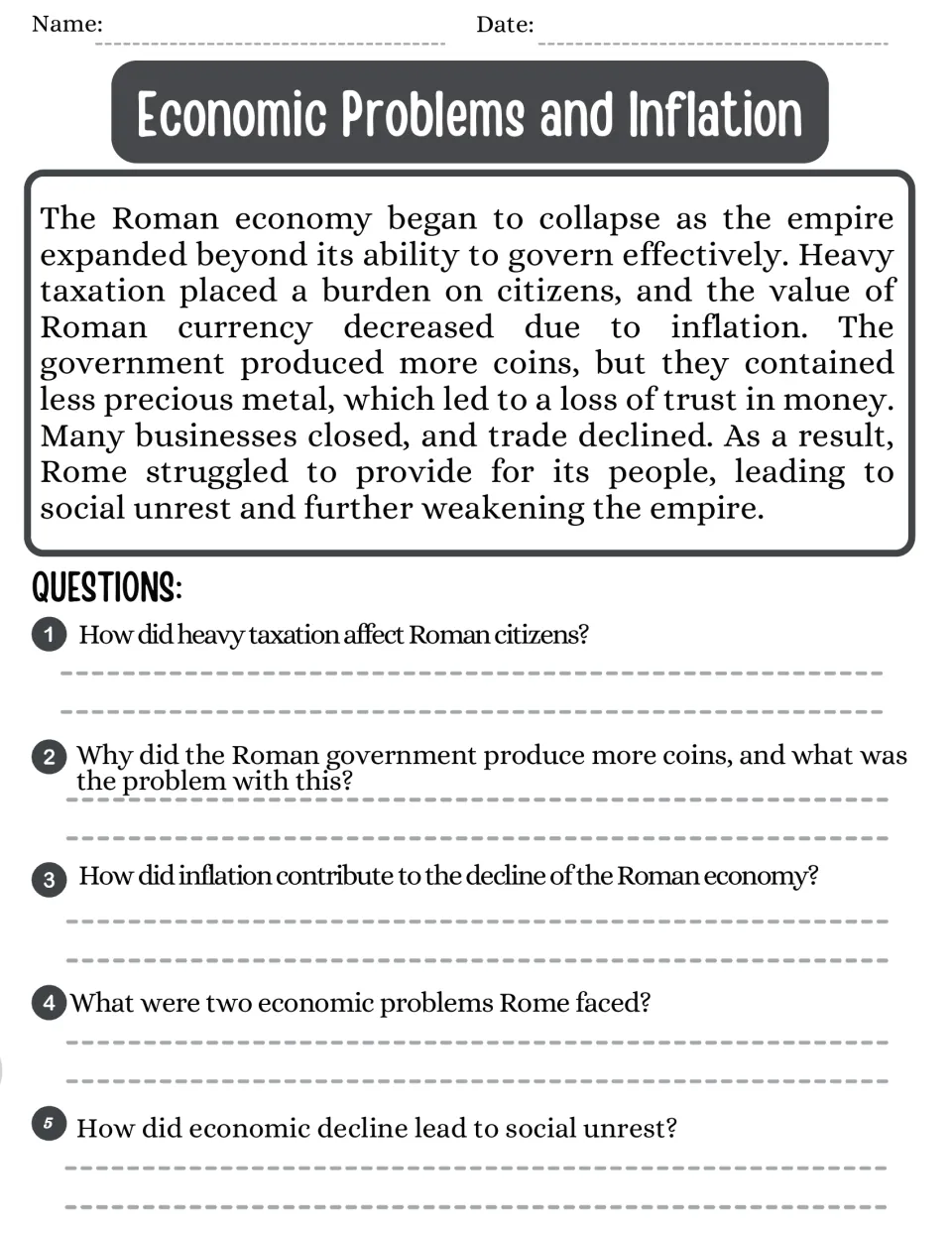 Economic Problems and Inflation: students read about heavy taxes and debased coins, then answer 5 cause-effect questions