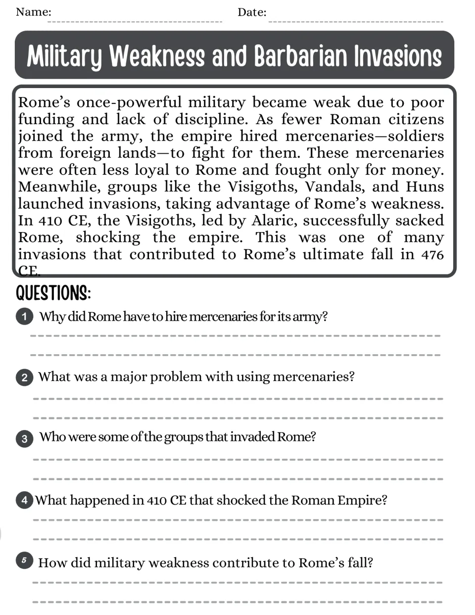 Military Weakness and Barbarian Invasions: passage on mercenaries, Visigoths and the 410 CE sack, with 5 written questions