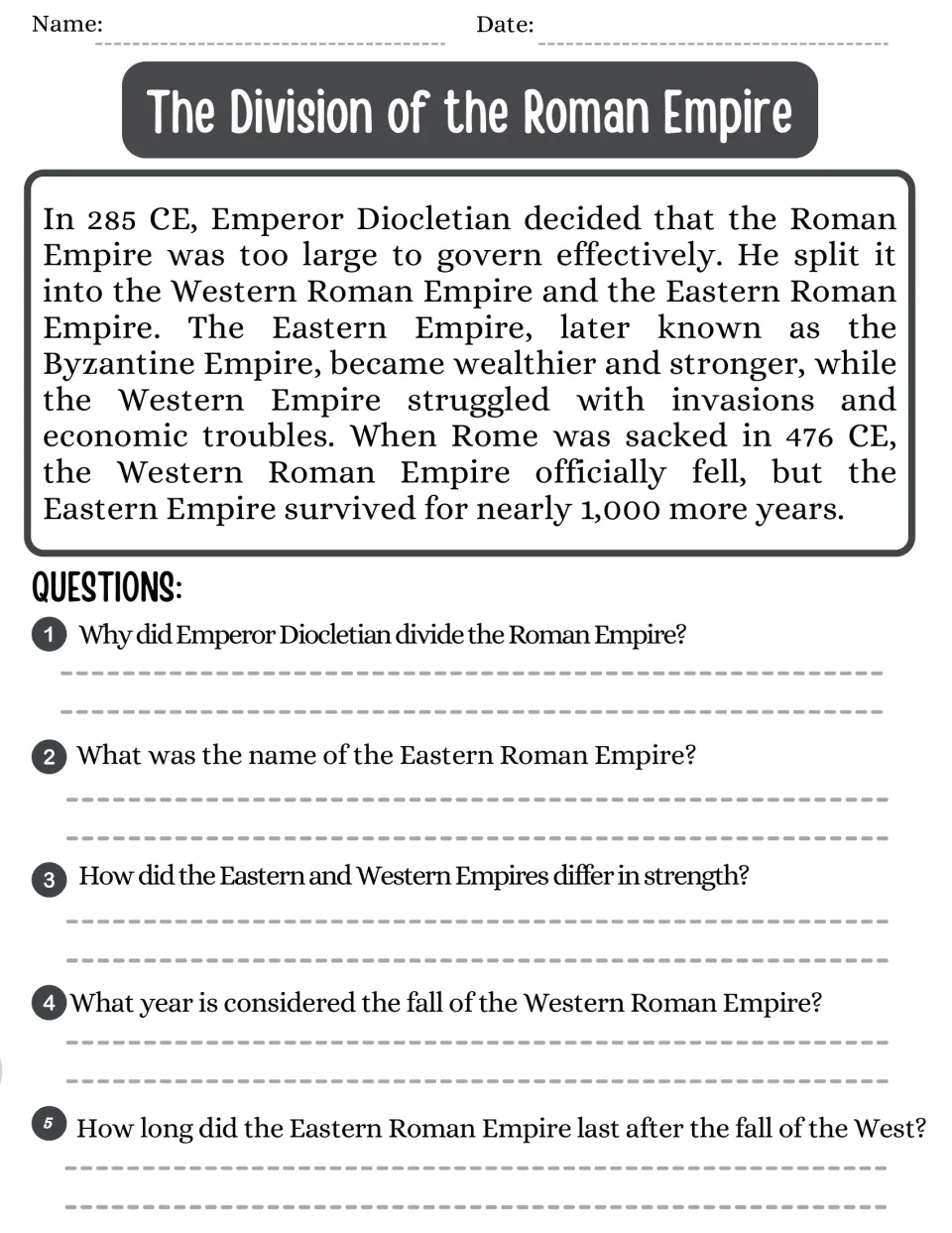 Division of the Roman Empire: students read about Diocletian's split and the Byzantine East, then answer 5 questions