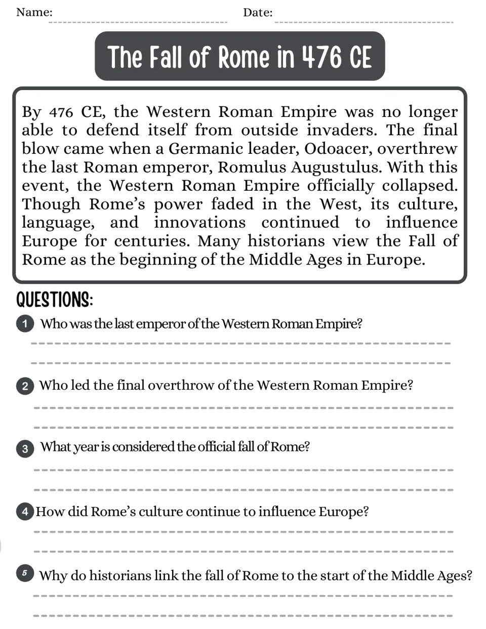Fall of Rome in 476 CE: passage on Odoacer overthrowing Romulus Augustulus, with 5 questions linking it to the Middle Ages