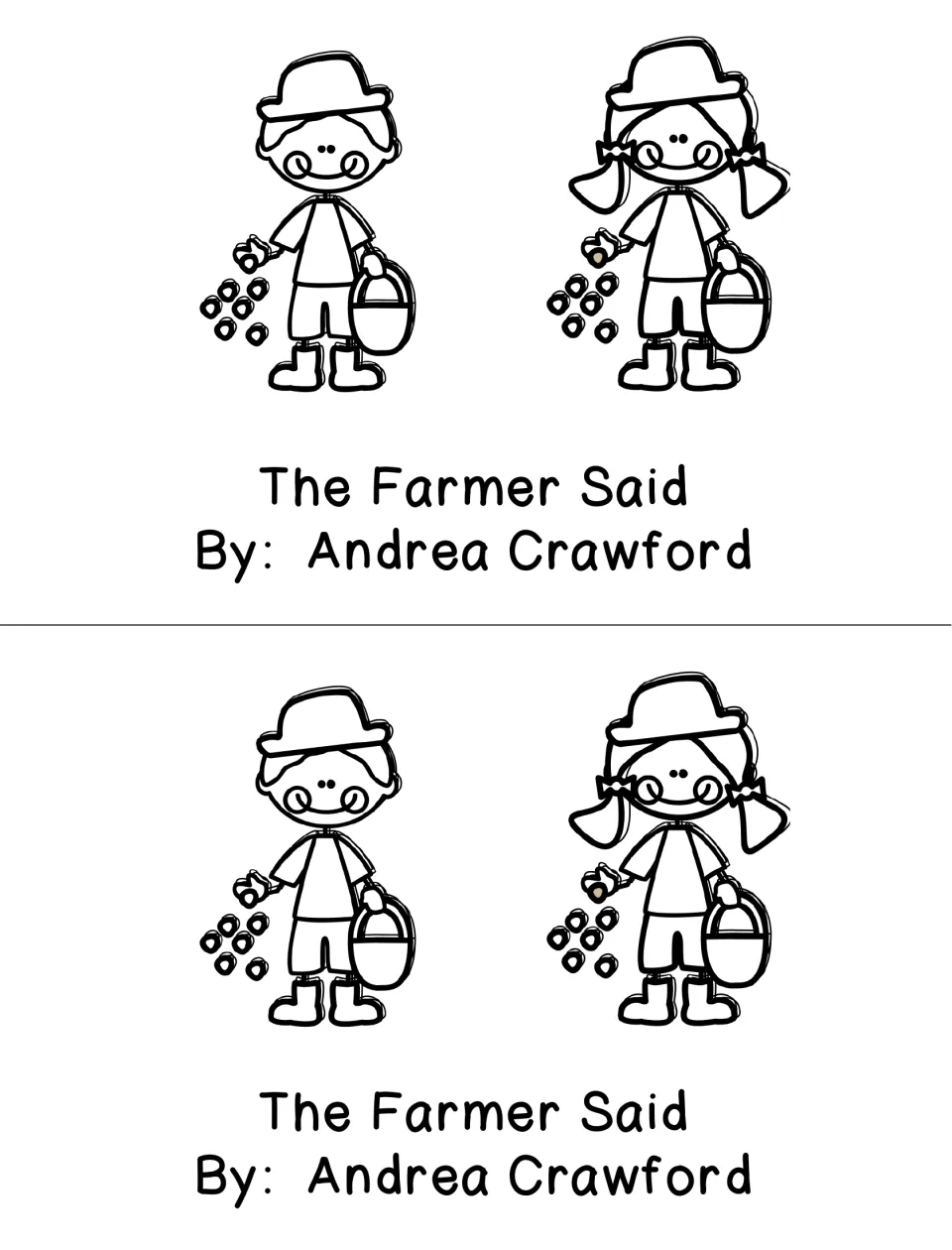 Black-and-white booklet title page by Andrea Crawford with a boy and a girl farmer holding pails, printed twice per sheet