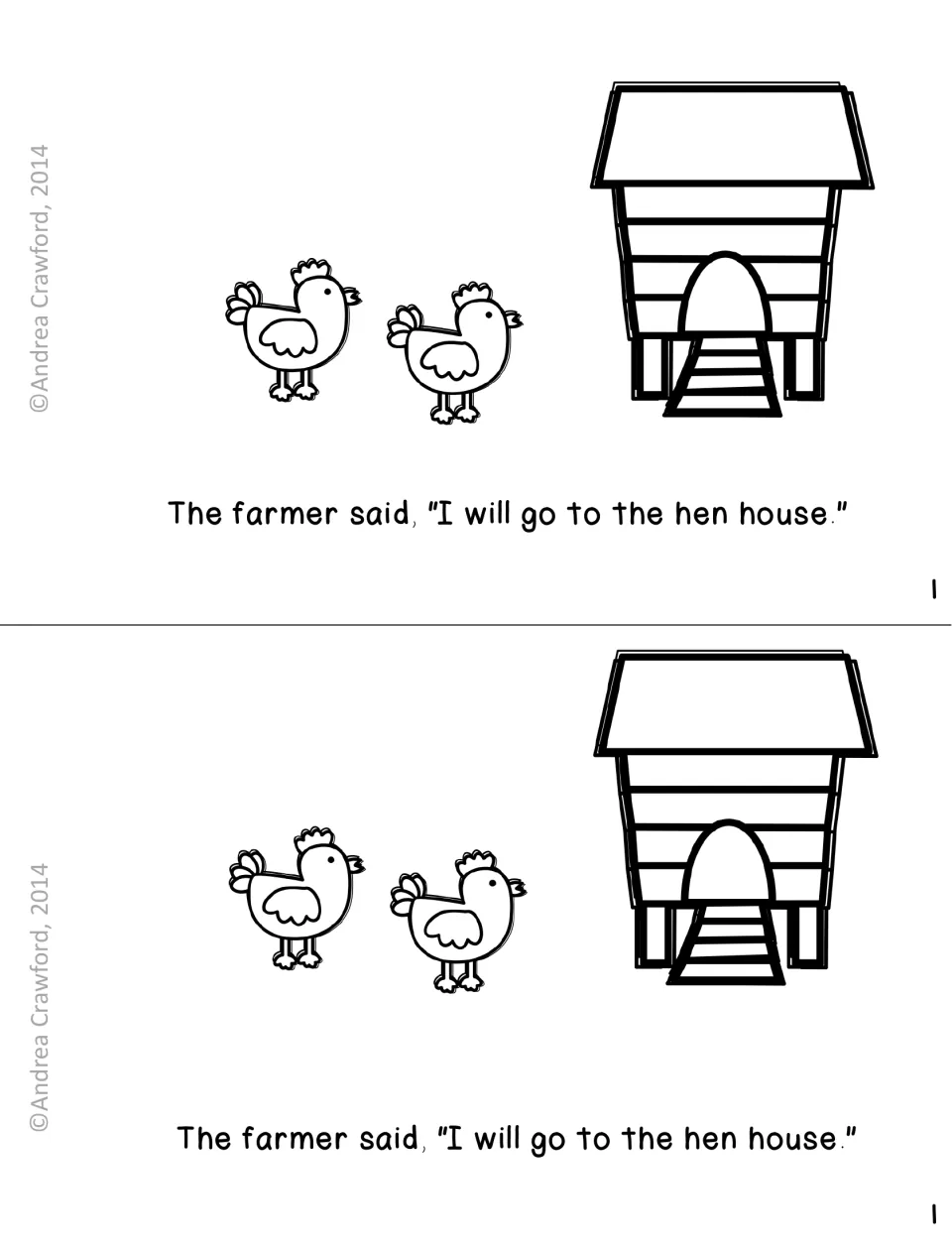 Booklet page 1: students read the farmer's sentence 'I will go to the hen house' beside two hens and a coop