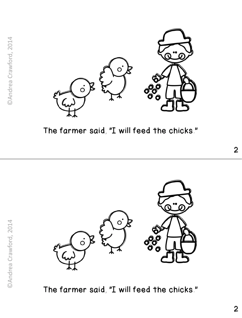 Booklet page 2: students read 'I will feed the chicks' with a farmer boy tossing feed to two chicks, two copies per sheet