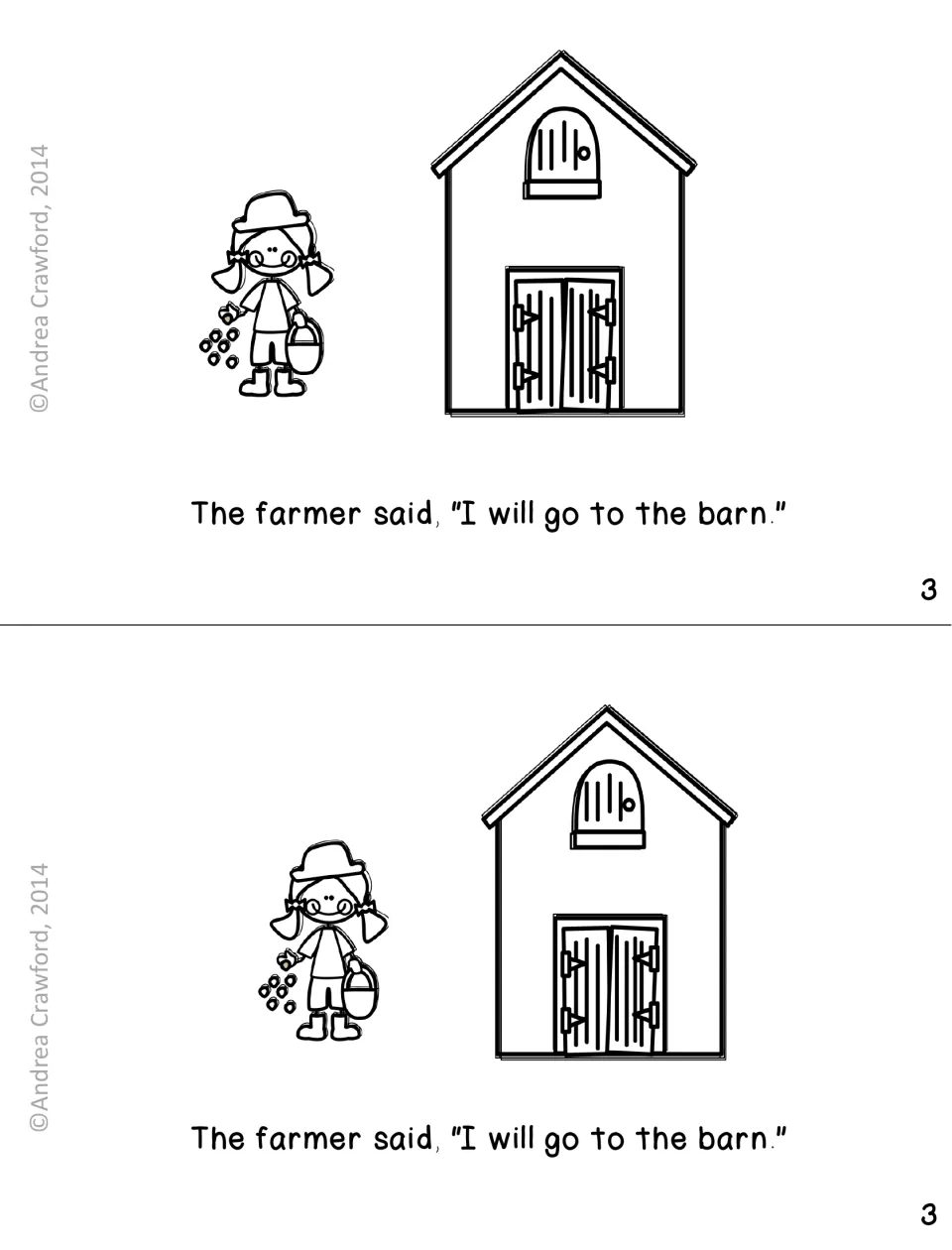 Booklet page 3: students read 'I will go to the barn' alongside a girl farmer with a pail standing next to a barn