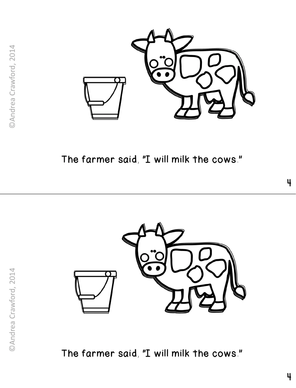 Booklet page 4: students read 'I will milk the cows' using the picture of a spotted cow and a pail as a word clue