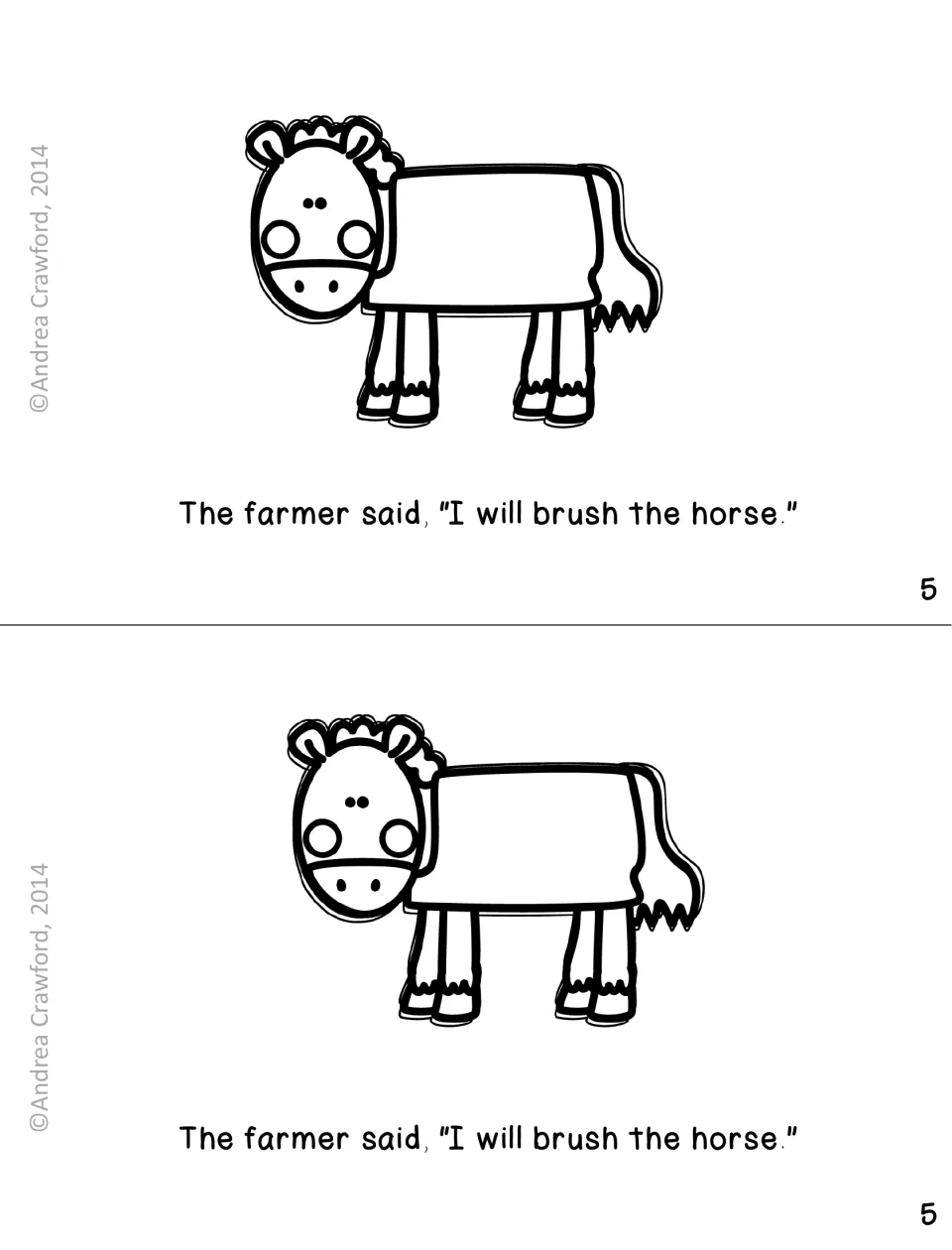 Booklet page 5: students read 'I will brush the horse' under a simple outline drawing of a horse, two copies