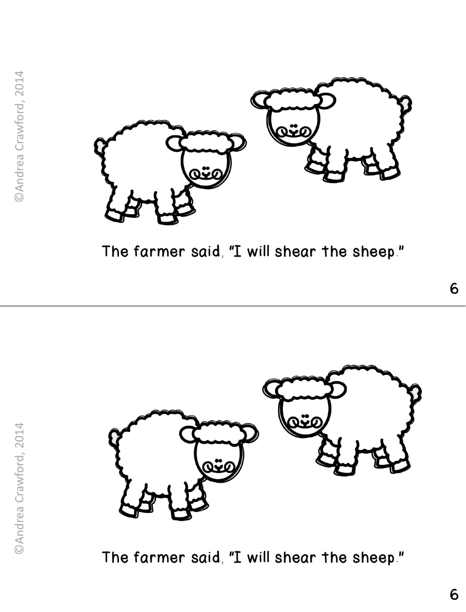 Booklet page 6: students read 'I will shear the sheep' with two woolly sheep pictured above the sentence