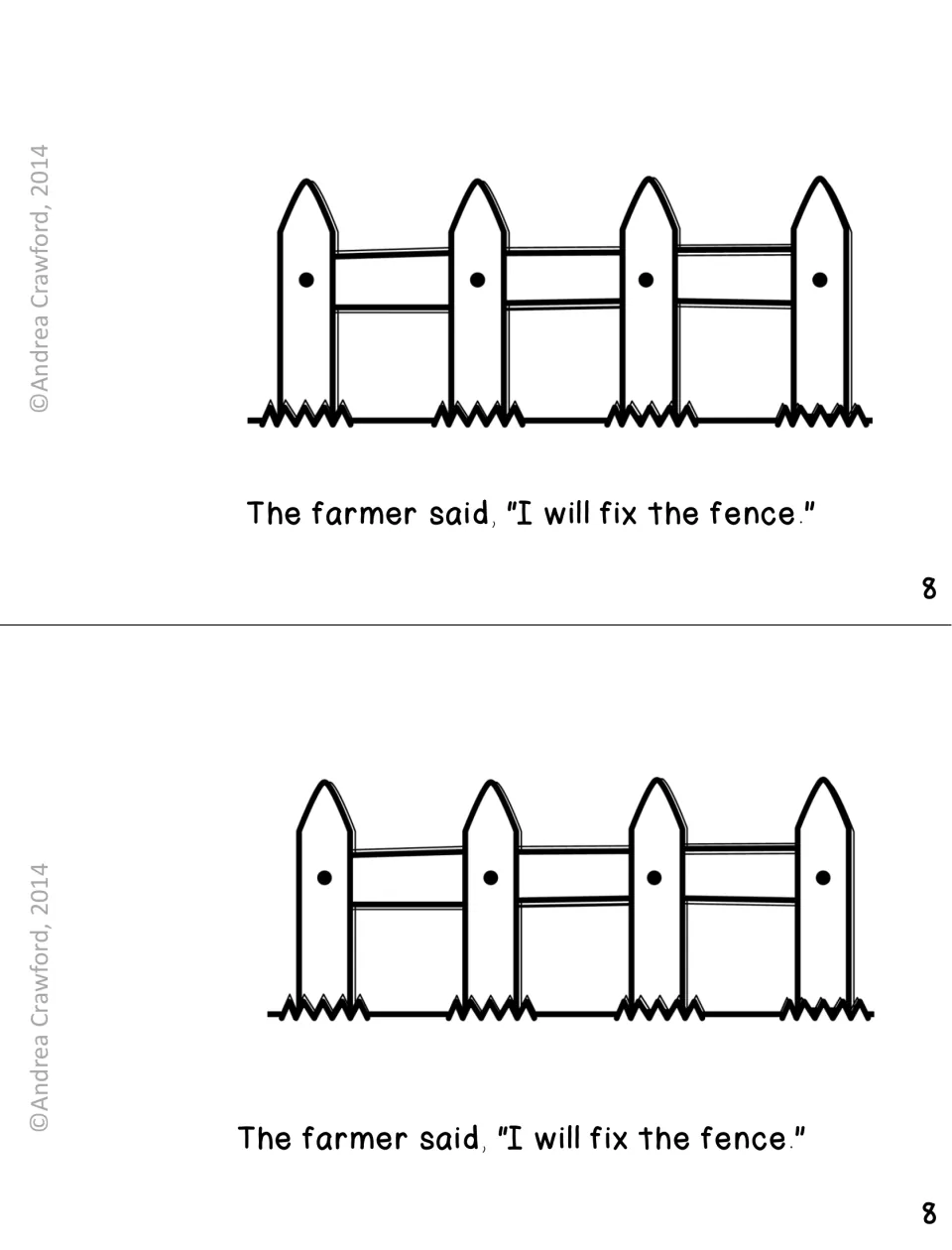 Booklet page 8: students read the closing sentence 'I will fix the fence' under a drawing of a wooden fence