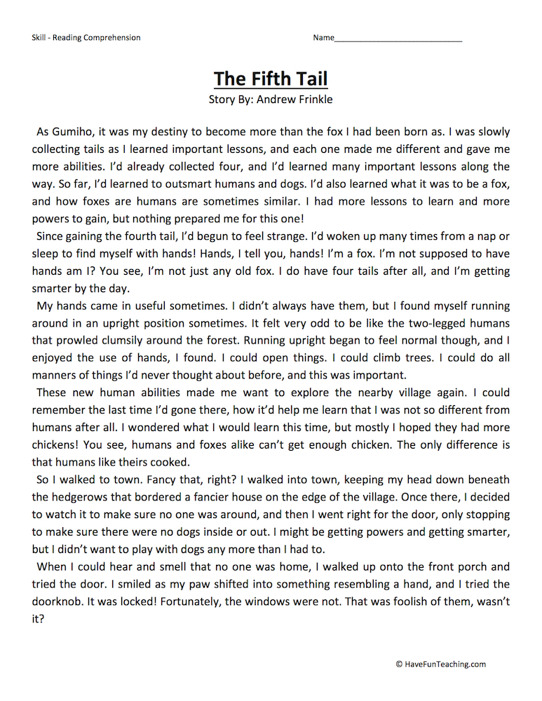 The Fifth Tail Reading Comprehension Worksheet teaching resource preview