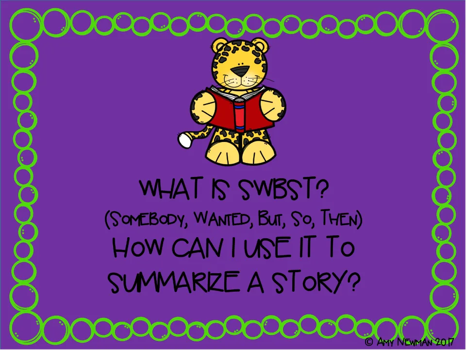 Opening lesson questions ask what SWBST means and how Somebody, Wanted, But, So, Then can summarize a story