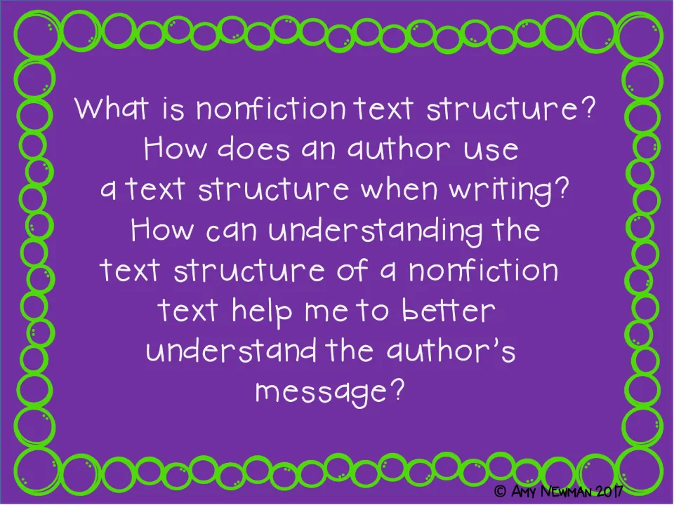 Guiding questions ask what nonfiction text structure is, how authors use it, and how it helps readers
