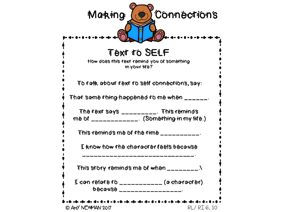 Text-to-self reference chart gives six sentence starters linking a text to life experiences and feelings